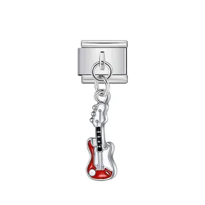 Detail view of a musical guitar charm link for Italian modular DIY bracelet jewelry