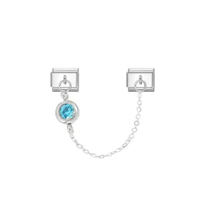 Detail of light blue birthstone Italian charm with silver stainless steel chain.