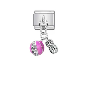 Stainless steel Italian charm link with pink ball and crystal number 8 pendants