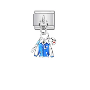 Detail of stainless steel Italian charm with baseball bat and varsity jacket pendant