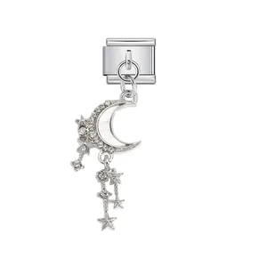 Detailed view of silver stainless steel moon and star crystal charm for modular bracelets