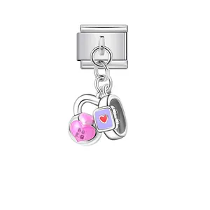 Silver Italian charm link with pink heart padlock and purple watch dangle pendant charm