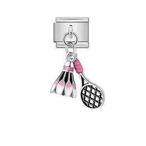 Detail of an Italian modular charm featuring a pink badminton racket and shuttlecock.
