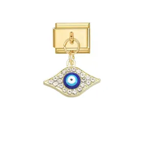 Gold Italian modular charm link with evil eye pendant and sparkling clear crystals