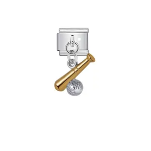 Detailed macro view of an Italian modular charm with gold baseball bat and silver ball pendant
