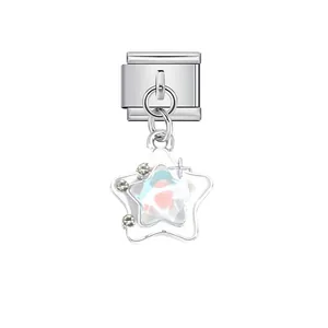 Detailed macro view of a silver stainless steel star charm for Italian modular bracelets