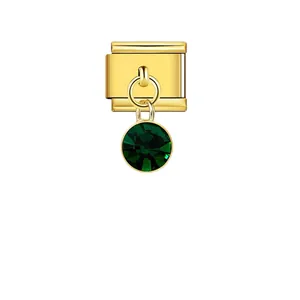 Gold Italian charm link with a faceted round green gemstone pendant for DIY bracelets.