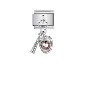 Detail shot of silver Italian charm link with baseball bat and glove pendant charm