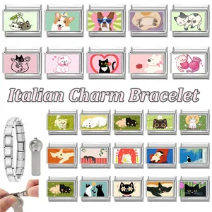 Collection de breloques de bracelet italiennes en acier inoxydable chat et chien mignon