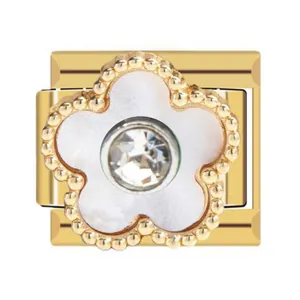 Detailed view of a gold flower Italian charm link with white petals and crystal