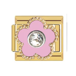 Macro detail of a gold stainless steel Italian charm with pink flower and crystal