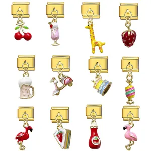 Stainless Steel Italian Charm Link Pendant Cartoon Fruit Animal Food DIY Jewelry Accessories Cute Enamel Modular Charms For Bracelet