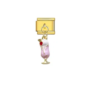 Close-up of a cute pink sundae drink pendant on a gold Italian modular link charm.