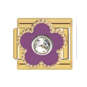 Detailed view of a purple flower Italian charm with gold beaded border and clear center crystal