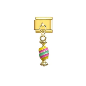 Detailed view of Italian charm module with a colorful striped candy pendant