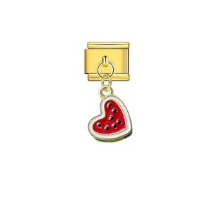 Detail view of heart-shaped watermelon charm for Italian modular DIY jewelry bracelet