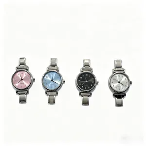 Close-up detail of four quartz watch color variants with polished silver metal straps