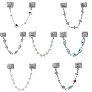 Stainless Steel Italian Charm Modular Pendant For DIY Bracelet Heart Cross Evil Eye Rhinestone Artificial Pearl Connector Charms