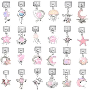 Pink Ocean Stainless Steel Italian Charm Pendant DIY Modular Accessory For Bracelet Jewelry Rhinestone Artificial Pearl Charms