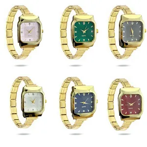 Six color variations of square quartz watches with gold stainless steel expansion bands