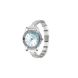 Detailed shot of a silver small dial watch with rhinestones and modular band