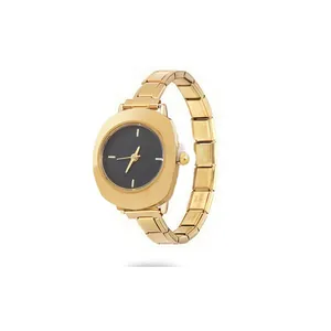 Detail view of a vintage-style gold women's watch with a modular link bracelet.