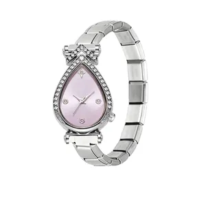 Reloj de cuarzo con forma de gota, esfera rosa y correa modular de acero inoxidable