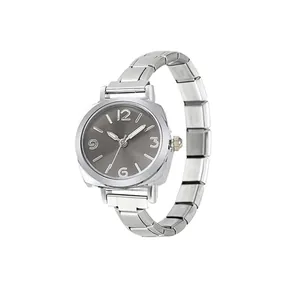Detailed side view of a silver minimalist modular DIY quartz watch with a grey dial