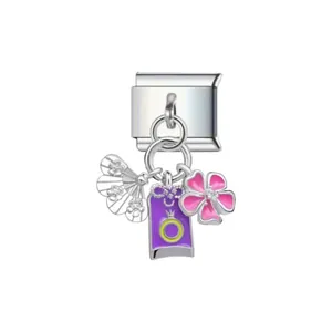 Detailed view of a stainless steel modular charm with dangling fan and pink flower