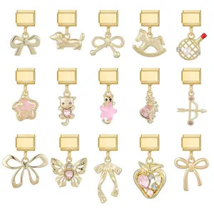 Bracelet à Breloques Italien en Acier Inoxydable Maillon Modulaire DIY Plaqué Or Nœud Animal Fraise Pendentif Strass Accessoire Bijoux