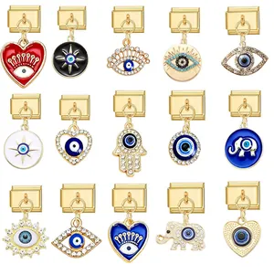 Alloy Rhinestone Evil Eye Italian Charm Link Bracelet Pendant Hamsa Hand Elephant Heart DIY Module Jewelry Accessories