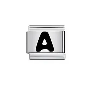 Detailed view of an Italian modular charm with a black enameled letter A on silver