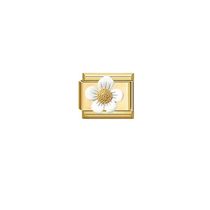 Gold Italian modular charm featuring a delicate white daisy flower design detail