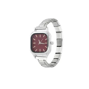 Elegant square quartz watch with burgundy dial and silver link strap detail
