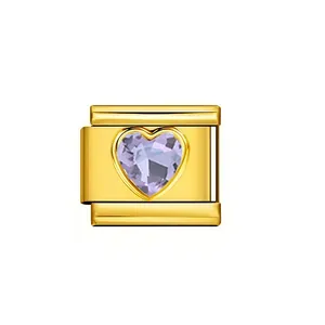 Detailansicht italienischer Modul-Charm aus Gold-Edelstahl mit lila Kristallherz