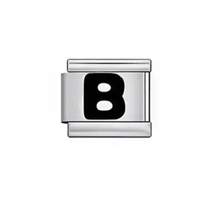 Close-up of a stainless steel Italian charm link featuring a bold black letter B design
