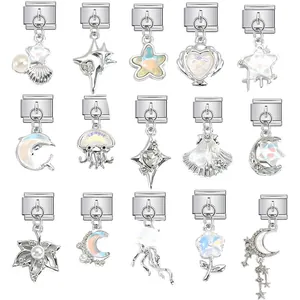 Stainless Steel Italian Modular Bracelet Charms Star Moon Dolphin Shell Rhinestone DIY Jewelry Link Pendant Accessories For Women