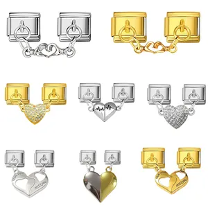 Stainless Steel Italian Charm Bracelet Link Magnetic Heart Rhinestone EKG Couple DIY Jewelry Modular Links Accessories