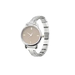 Side view showing the textured beige dial and modular stainless steel strap of the watch.