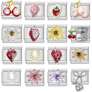 Stainless Steel Italian Charm Link For DIY Bracelet Personalized Fruit Flower Rhinestone Cherry Strawberry Jewelry Charm