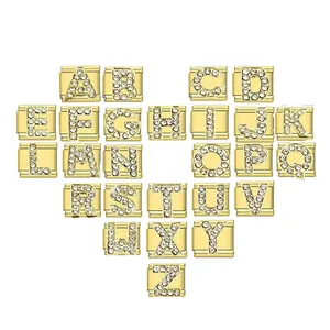 Fashion Stainless Steel Rhinestone Alphabet Letter Italian Charm Links DIY Bracelet Accessories Gold Alphabet Charm For Jewelry Making