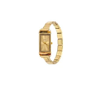 Close-up detail of a vintage gold rectangular watch featuring an Italian modular link band.