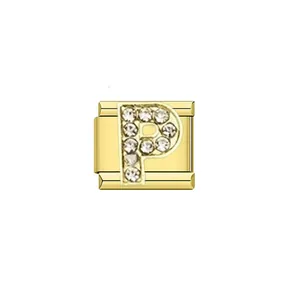 Elegant gold-plated stainless steel Italian charm module featuring rhinestone-encrusted letter P