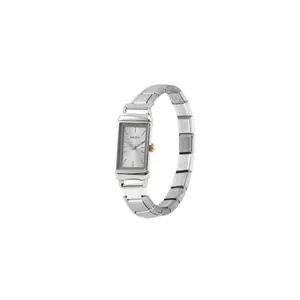 Close-up detail showing the silver rectangular dial and modular strap of this watch