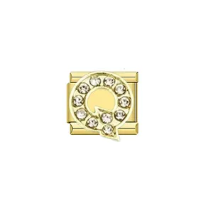 Close-up of gold stainless steel Italian charm with rhinestone-encrusted letter Q detail