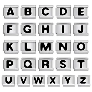 Overview of 26 uppercase black enamel letters on polished silver Italian modular link charms