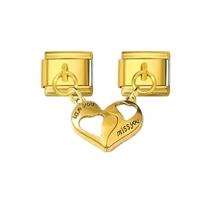 Detail view of gold Italian charm with magnetic split heart and engraved messages
