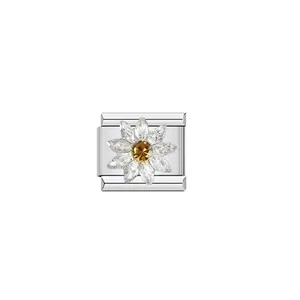 Macro view of stainless steel Italian charm link with crystal flower and amber center