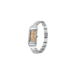 Detailed side view of a vintage rectangular watch with silver modular expansion band