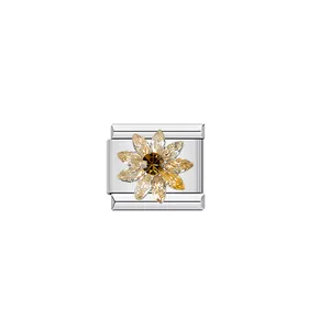 Detailed view of Italian style stainless steel modular charm with amber crystal flower